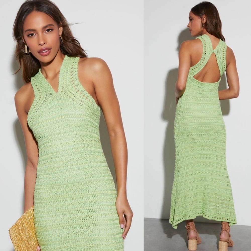 VICI Aruba Crochet Halter Neck Maxi Dress Green Small